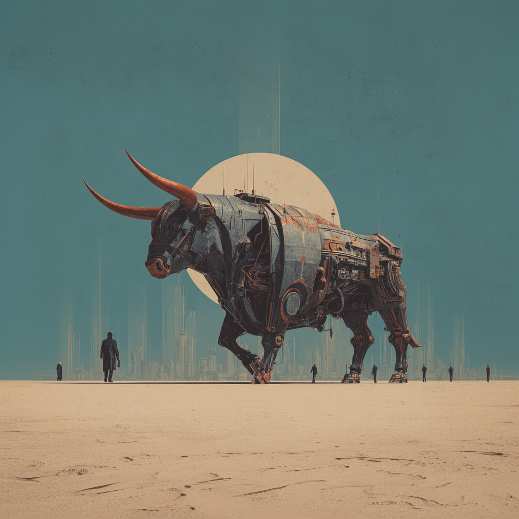 A monumental biomechanical bull crossing a desert plain before a pale rising sun, lone figures in suits dwarfed at its feet