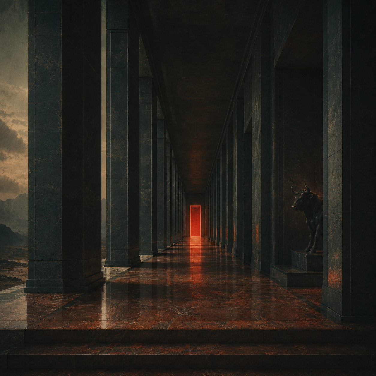 A colonnade of dark stone columns leading to a glowing red doorway at the far end, with a bronze bull standing watch