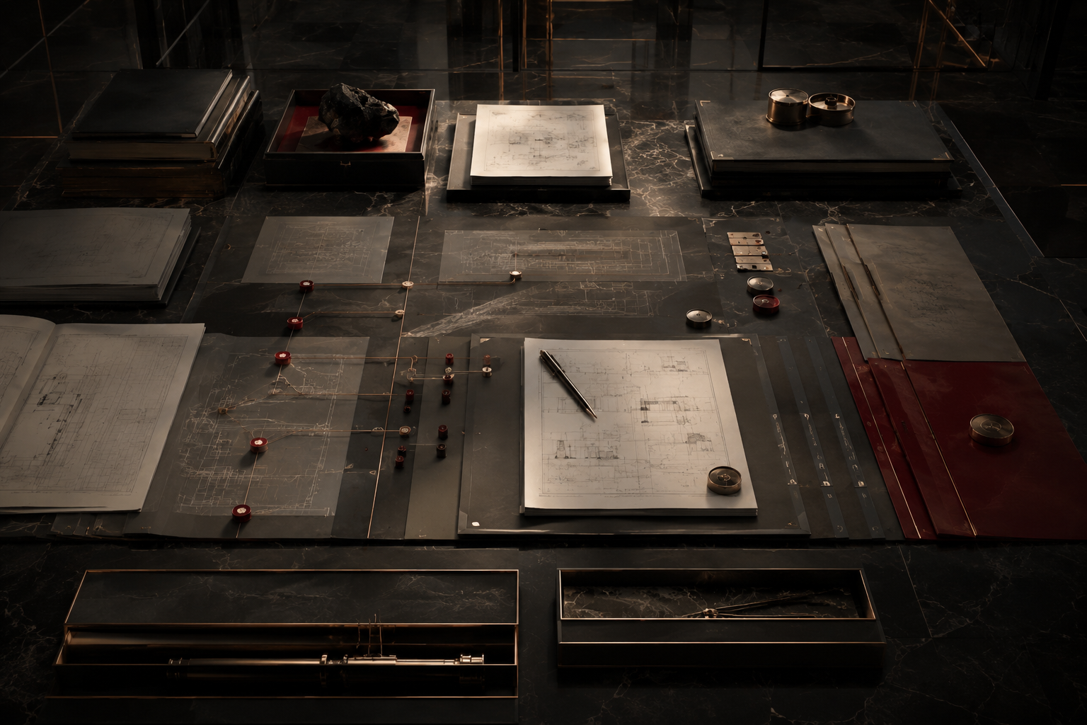 An overhead view of a black marble strategy table laid with blueprints, ledgers, red node markers linked by fine gold lines, and brass instruments