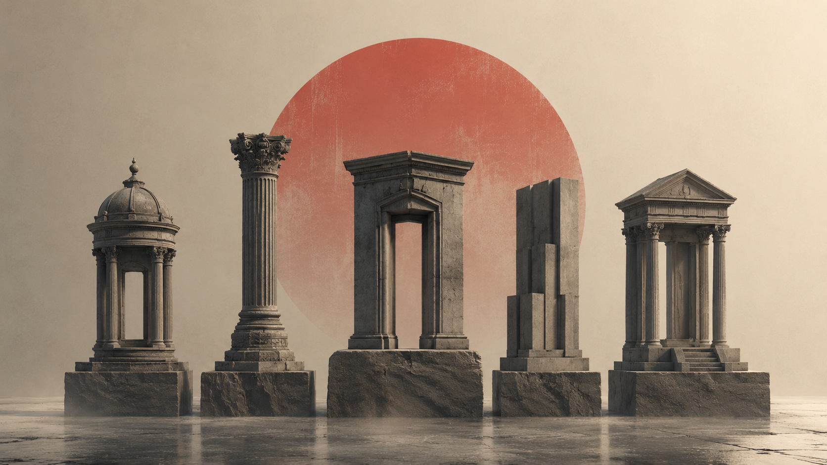Five distinct classical structures standing side by side on stone plinths before a rising coral sun, one ecosystem of many forms